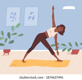 African american woman practising yoga at home. Female character doing asana or stretching indoors. Black yogini performing parivritta trikonasana on mat. Vector illustration in flat cartoon style