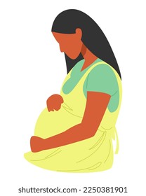 African American woman is pregnant. woman holding her belly side view. concept of health, baby, pregnancy, woman theme. vector illustration. flat style.