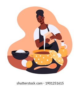 African American woman preparing delicious dish cartoon illustration. Home cooking hand drawn banner design. Cute girl mixing ingredients in pan printing card