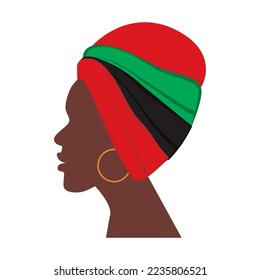 African American woman profile in national headdress in traditional African colors. Sticker. Icon
