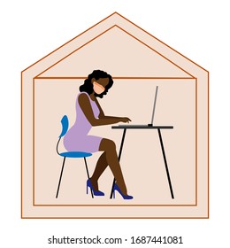 African American woman in protective mask works online at home, at the computer, illustration. Social distance and self-isolation during quarantine of the corona virus. The girl works at home.