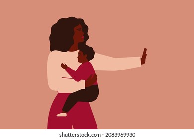 African American woman protects her child from any threat. Black mother with her son rejects and raised her hand with a stop sign. Stop violence against children. Vector illustration