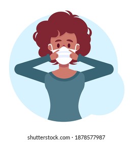 African american woman protects herself from becoming infected with a virus. Mask against  infectious diseases, covid, flu. How to wear a medical mask properly. Stock vector illustration in Eps10
