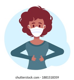 African american woman protects herself from becoming infected with a virus. Mask against  infectious diseases, covid, flu. Wear a medical mask properly. Stock vector illustration in Eps10 isolated
