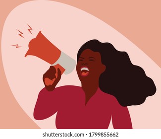 african american woman protester with a megaphone. Vector. Flat illustration. 