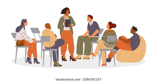 African American woman psychologist with patients on group therapy session flat vector illustration isolated on white. Diverse group of people sitting in circle.