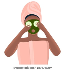 An African American woman puts cucumber slices on her face to refresh and smooth out wrinkles. Morning and evening face mask from food.Illustration on the theme of health and care of skin and body