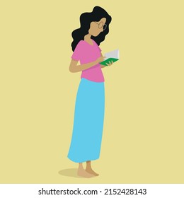 african american woman reading a book isolated over yellow background. Cartoon vector flat illustration