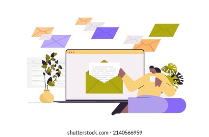 African American Woman Reading Or Writing Letter On Laptop Screen Girl Communicating On Computer Email Messaging Mail Concept Horizontal Full Length Vector Illustration