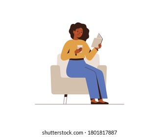 African American woman reads the book in office or home. Black female is drinking coffee and planning her day. Vector illustration isolated on white.