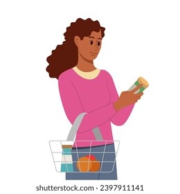 African American Woman Reads Food Labels of Products at Supermarket. Woman Customer Checking Contents on Package Before Buying. Mindfulness Shoppin. Vector Flat Illustration.