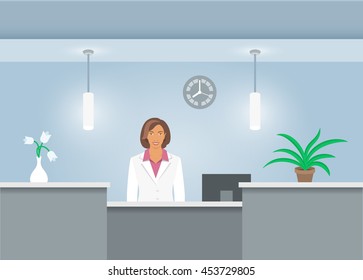 African American Woman Receptionist In Medical Coat Stands At Reception Desk In Hospital. Front View. Vector Flat Illustration. Dental Office Interior Design With Administrator. Clinic Registry Banner