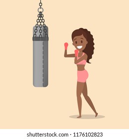 African american woman with red gloves boxing with punching bag. Sport and fitness. Healthy active lifestyle. Flat vector illustration