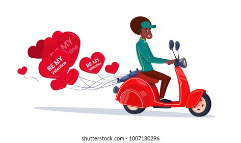 African American Woman Riding Retro Motor Bike With Heart Shaped Air Balloons Happy Valentines Day Concept Flat Vector Illustration