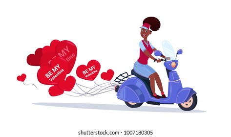 African American Woman Riding Retro Motor Bike With Heart Shaped Air Balloons Happy Valentines Day Concept Flat Vector Illustration