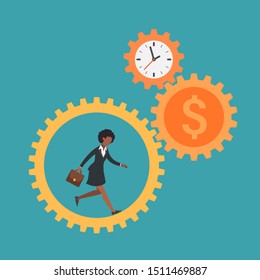 African american woman running inside gears of time and money. Hardworking lifestyle concept. Working girl at job. Female employee and her stress of hard challenge. Flat vector business illustration.