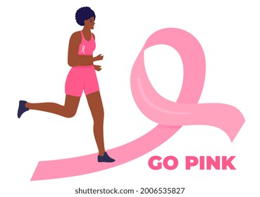 African American woman running marathon on a pink ribbon road in support of breast cancer patients. October Awareness Month on Women's Health