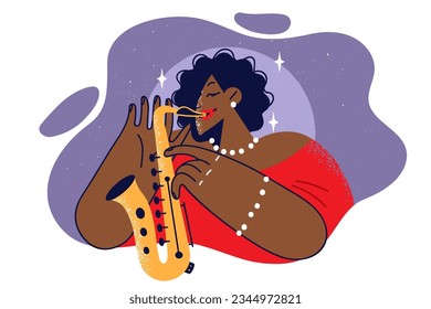 African American woman with saxophone performs jazz or blues music for club goers or festival participants. Ethnic girl uses saxophone for solo concert or classical music album recording