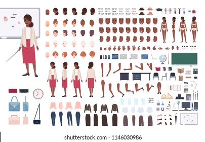 Profesora o profesora de escuela afroamericana DIY o kit de constructor. Conjunto de elementos corporales femeninos, postas, ropa aislada en fondo blanco. Ilustración vectorial de dibujos animados