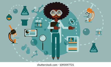 African american woman scientist in flat cartoon vector style infographic chemistry tools