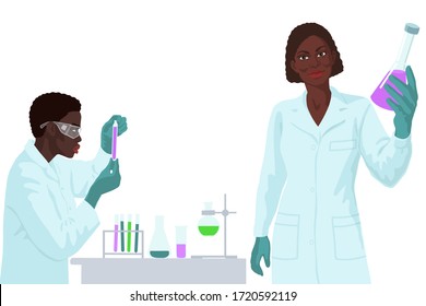 African american woman scientist holding a sample of liquid in glass flask. Women scientist in lab. Process of vaccine research. Flat hand drawn illustration on white background.