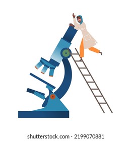 African American Woman Scientist with Huge Microscope Climbing Ladder Conducting Scientific Research Vector Illustration
