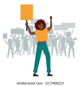 African American woman screaming with a placard in her hand, supporting the protests against the backdrop of protesting disgruntled people. Protest of an aggressive person at a political meeting.