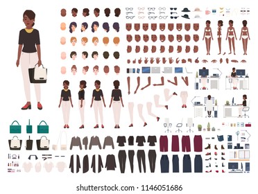 African American woman secretary, manager or office assistant DIY or animation kit. Set of female character body parts and formal clothing isolated on white background. Cartoon vector illustration