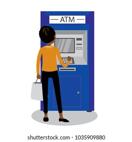 African american woman with shopping bag and ATM bank terminal,human back view,isolated on white background,flat vector illustration
