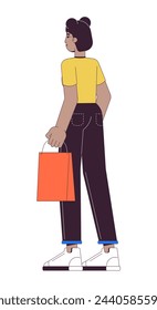 Mujer afroamericana con la bolsa de compras 2D lineal personaje de dibujos animados. Negro mujer shopper línea aislada vector persona fondo blanco. Comprar productos para la ilustración de mancha plana de color divertido