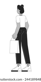 Mujer afroamericana con la bolsa de compras blanco y negro 2D línea de personaje de dibujos animados. Mujer negra shopper aislado vector contorno persona. Comprar productos para la diversión monocromática ilustración de punto plano