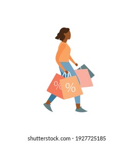 African american woman with shopping bags isolated on white background. Seasonal sale, discount, black friday concept.Vector illustration cartoon flat style.