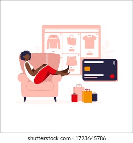 African american woman shopping online on laptop. Vector illustration. Online store payment. Bank credit cards. Digital pay technology. E-paying. Flat style modern vector illustration.