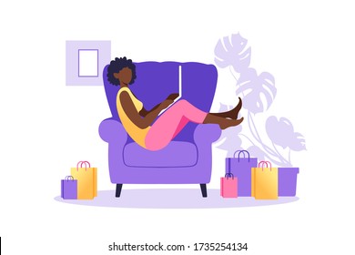 African american woman shopping online on laptop. Vector illustration. Online store payment. Bank credit cards. Digital pay technology. E-paying. Flat style modern vector illustration.