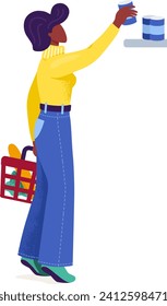 African American woman shopping, reaching for items on high shelf. Stylish shopper with basket, grocery shopping theme. Colorful and modern lifestyle vector illustration.