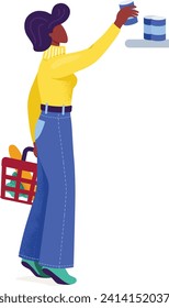 African American woman shopping, reaching for items on high shelf. Stylish shopper with basket, grocery shopping theme. Colorful and modern lifestyle vector illustration.