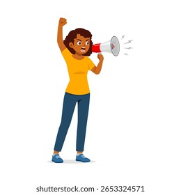 Mulher afro-americana gritando em megafone com o punho levantado em ilustração de protesto