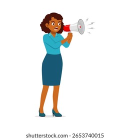 African American Woman Shouting into Megaphone in Business Attire. Urgent Announcement