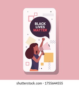 african american woman shouting in loudspeaker black lives matter awareness campaign against racial discrimination of dark skin color smartphone screen vector illustration