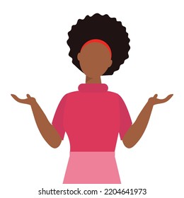 African American woman with shrug. Oops, I don't know. Sorry. Vector illustration
