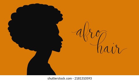  African american woman side view portrait. Afro hair handwritten lettering vector. Web banner template.