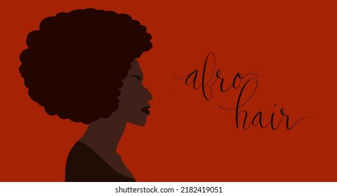  African American Woman Side View Portrait. Afro Hair Handwritten Lettering Vector. Web Banner Template.