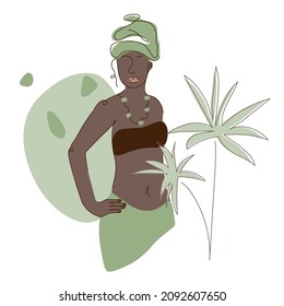 African, American Woman Silhouette In Traditional Hair Wraps With Tropical Palm Leaf And  Simple Shapes. Vector Illustration In Flat Design