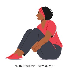 Una Mujer Afroamericana Se Sentó Con Agradación En El Suelo, Con Su Poise Que Transmite Un Sentido De Serenidad. Su Postura Exude Elegancia. El personaje femenino negro escucha o piensa. Ilustración de vectores de personas de caricatura