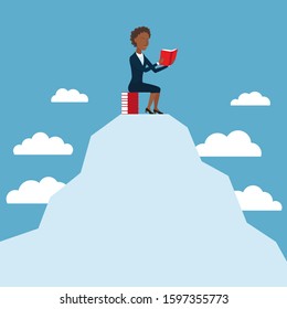 African American woman sits on a mountain among the clouds with a book in hands. Business lady. Teacher. Marketer. Business trainer. Director. Financier. Higher education. Career growth. Student.