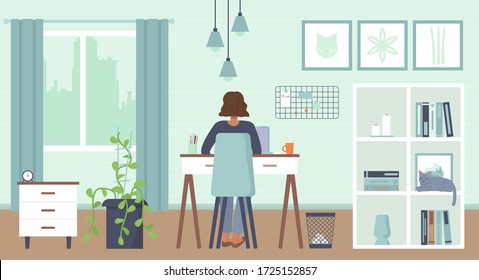 African american woman sitting behind with laptop at home. Cozy interior. Home office, Working at home,freelance, remote work,online education,quarantine covid-19 concept.Stock vector.