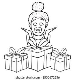 African American woman is sitting in front of many presents and is happy. hands, birthday, christmas, bun, joy, vector, outline, holidays.