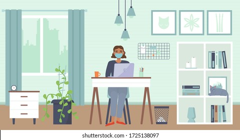 African american woman sitting with laptop at home with mask. Cozy interior. Home office, Working home, freelance, remote work,online education, quarantine covid-19 concept.Stock vector illustration.