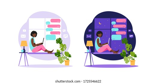African american woman sitting with laptop. Working on a computer. Freelance, online education or social media concept. Freelance or studying concept. Flat style modern vector illustration.