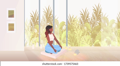 african american woman sitting lotus pose beautiful girl doing yoga exercises healthy lifestyle concept living room interior full length horizontal vector illustration